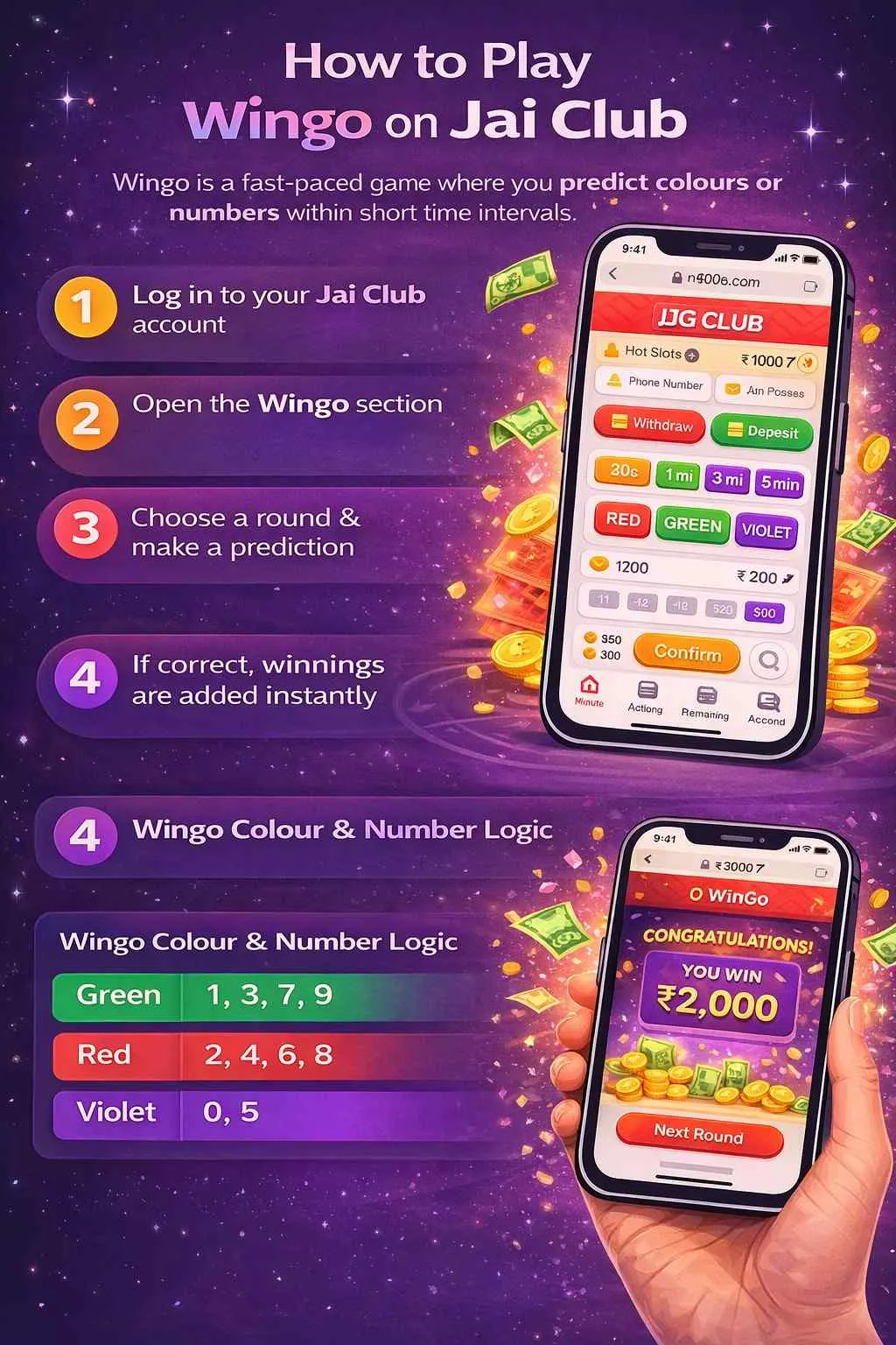 Jai Club Wingo colour prediction game screen with red green and violet choices