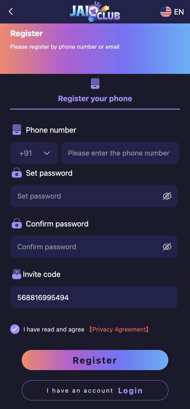 Jai Club register page with mobile number password and invite code fields