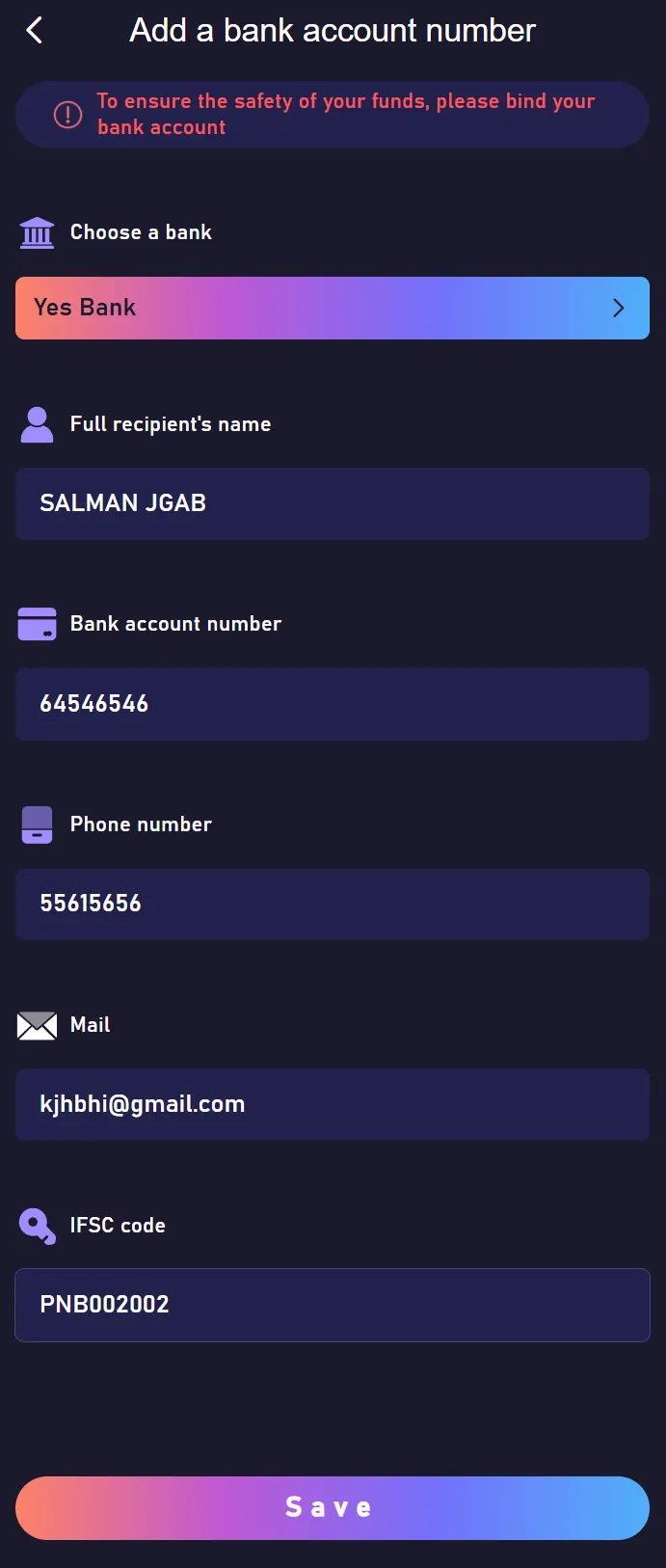 Jai Club bank account setup screen for withdrawal details